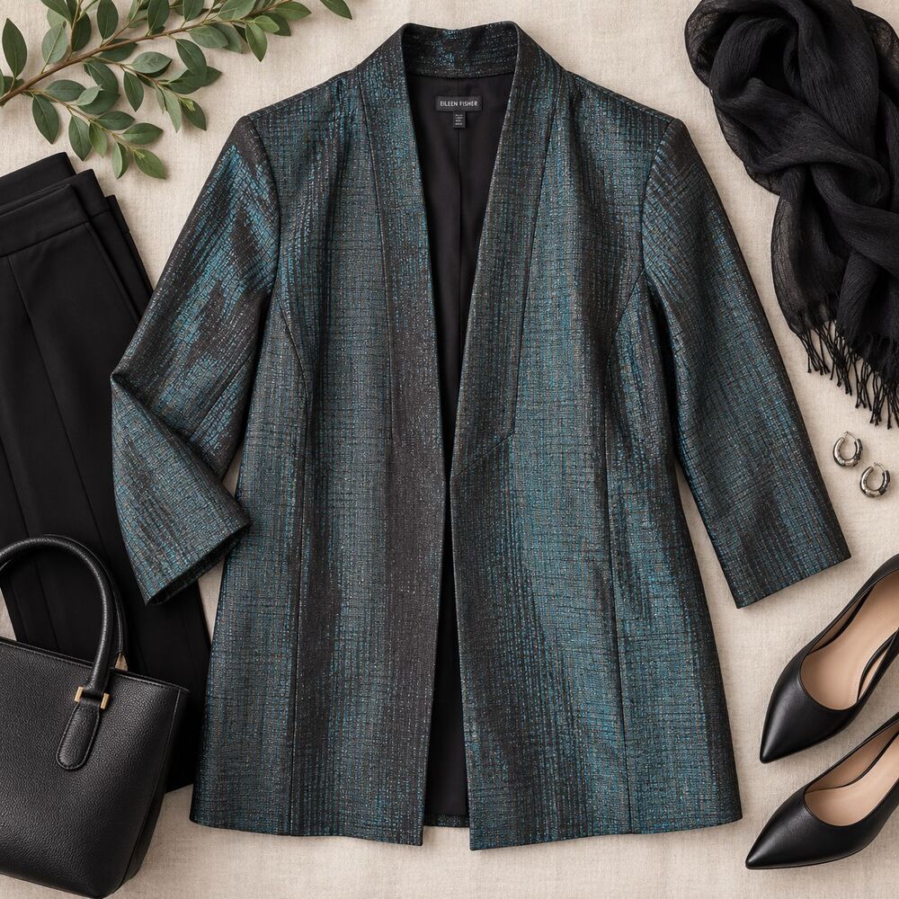 Eileen Fisher Pine Infinity Jacquard Shawl Collar Jacket L Large Silk Blend